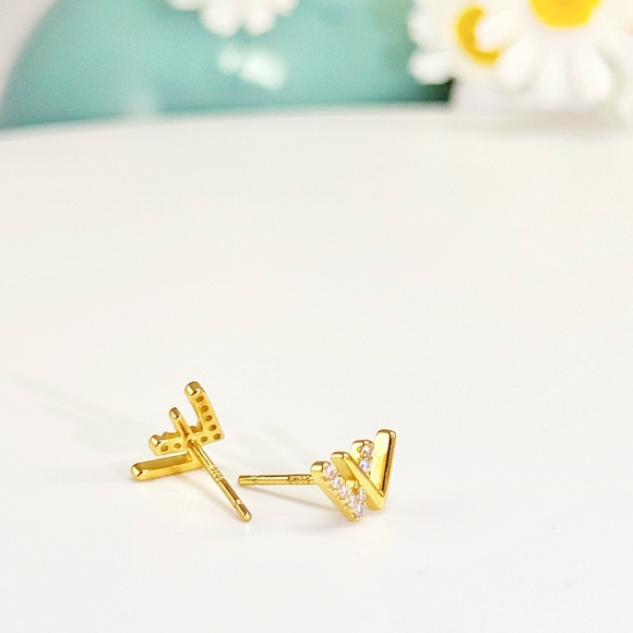 S925 W Shape Studs Earrings w/ Tiny CZ-Gold ECZ013 - Picture 7 of 10